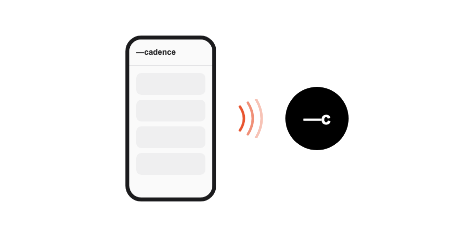 A phone held near the round Cadence NFC sticker