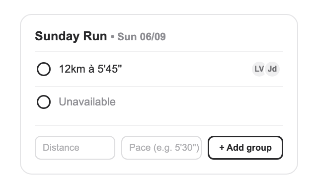 The Sunday run poll in the Cadence app, with fields to propose a distance and a pace and an Add group button