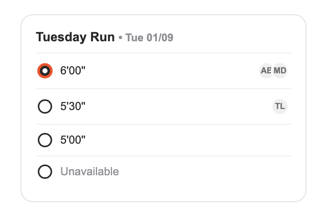 A weekly run poll in the Cadence app: pace-group options with one ticked, other pacers' avatars next to each group, and an Unavailable option
