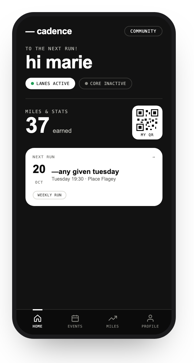 The Cadence member app home screen: events, check-in QR, Miles, LANES and CORE