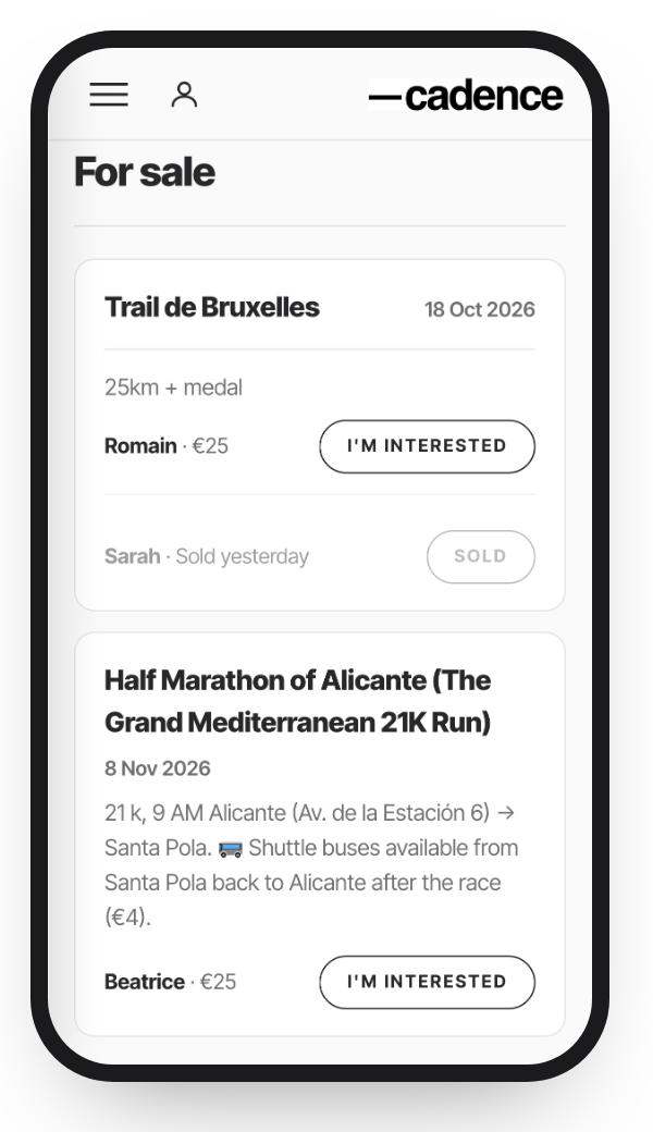 The bib exchange on a phone: bibs for sale, one tap to contact the runner
